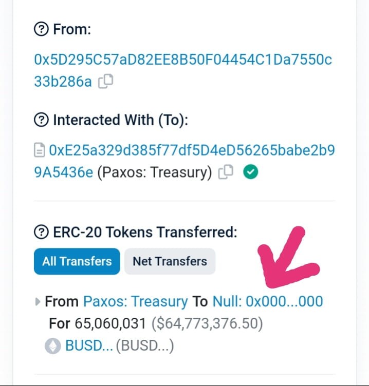 Paxos Treasury 65,060,031 $BUSD 資金被付之一炬 透過交易雜湊深入了解