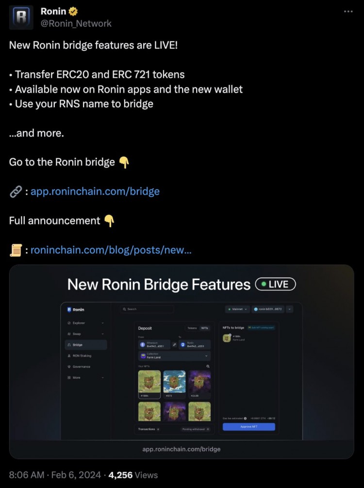 RONINNETWORK推出新橋接功能以方便ERC20和ERC721代幣轉移