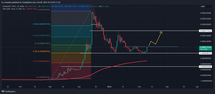 在斐波那契038黃金比例的支撐下BONK可能飆升50