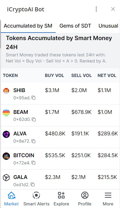 Smart Money 24小時內前5名代幣表現