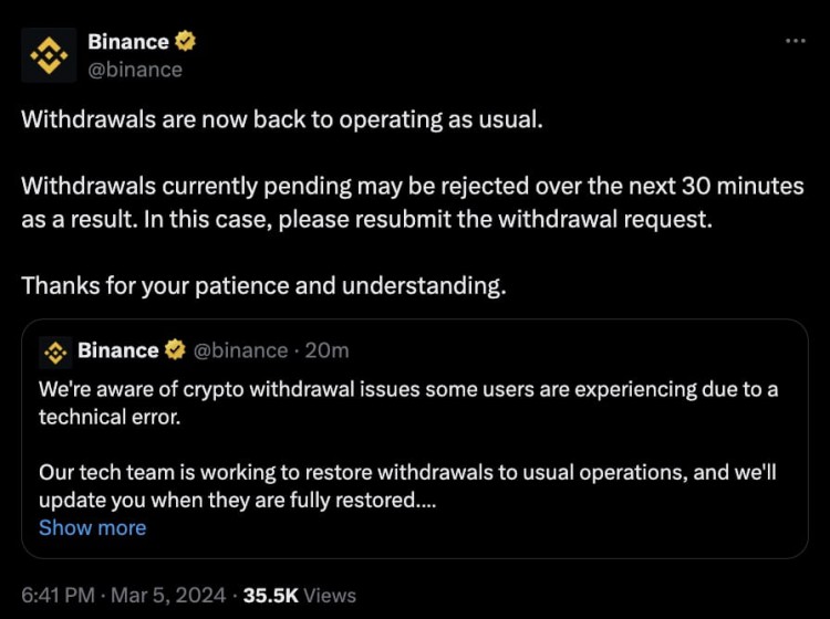 BINANCERESOLVESTECHNICALISSUESRESTORESWITHDRAWALSTONORMALOPERATION